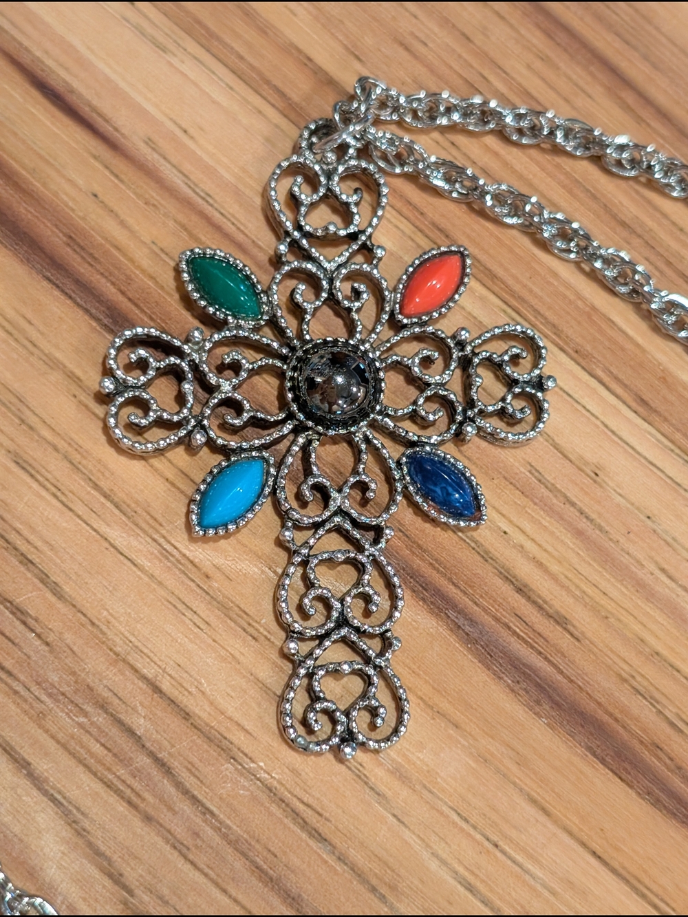 Avon Silver-Tone Cross Necklace with Green, Coral, Turquoise & Navy Stones